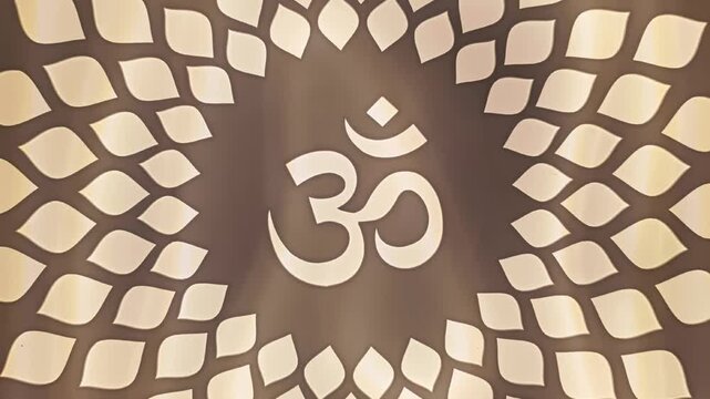 Sacred Hindu Om (Aum) symbol displayed on a decorative backlit wall panel with a floral pattern