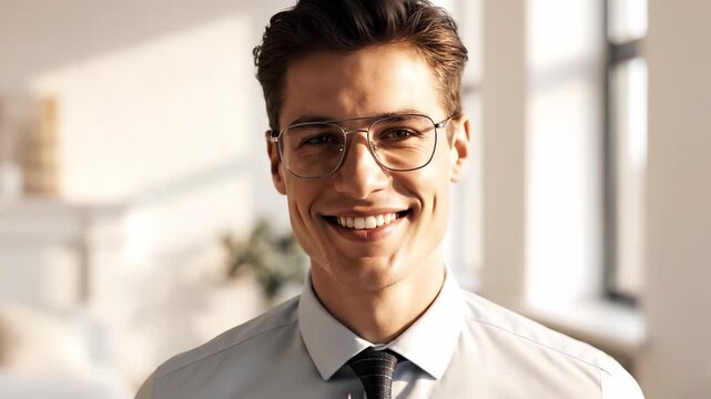 A man is smiling while wearing glasses in a well-lit room. The stylish man appears confident and approachable in his formal attire.