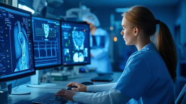 A medical professional woman reviews patient images and statistics on multiple computer screens in a healthcare setting at night