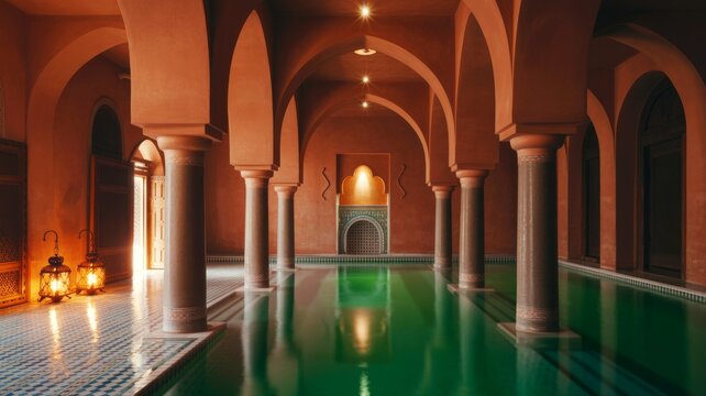 A serene interior of a Moroccan hammam featuring arched architecture, green water, and ambient lighting, creating a tranquil atmosphere.