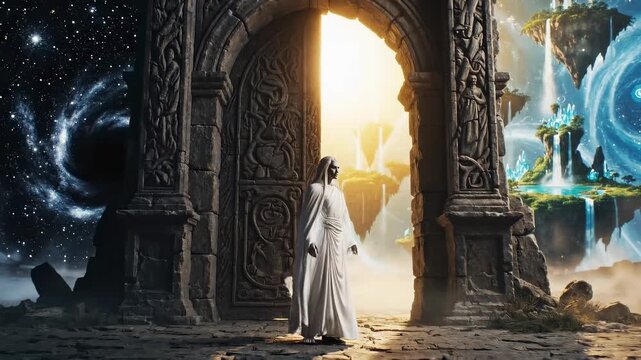 Hooded figure walking through a portal between worlds