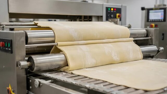 Double sheet dough laminating line captured in medium shot highlighting the seamless layering and rolling action for enhanced dough texture and quality.