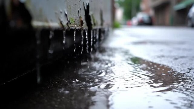 Water drips from an old metal surface onto wet pavement outdoors