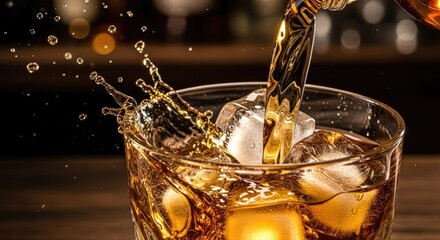 Whiskey pouring into glass with ice cubes creating splash close up