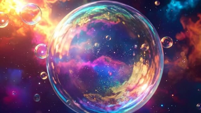 Abstract cosmic background with colorful nebula and soap bubbles floating in space.