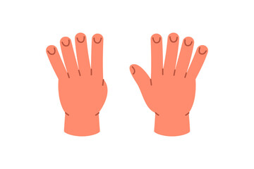 Obraz premium Hands showing number 9 using five fingers and four. Flat vector cartoon hand gesture for number learning in early education