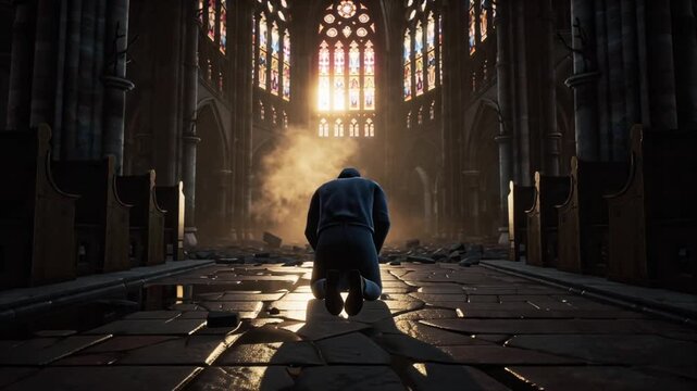 Cinematic 4K video, lone survivor kneeling crumbling cathedral, dramatic sunlight streaming shattered stained glass windows, dust particles floating rays light broken pews cracked marble floor reflect