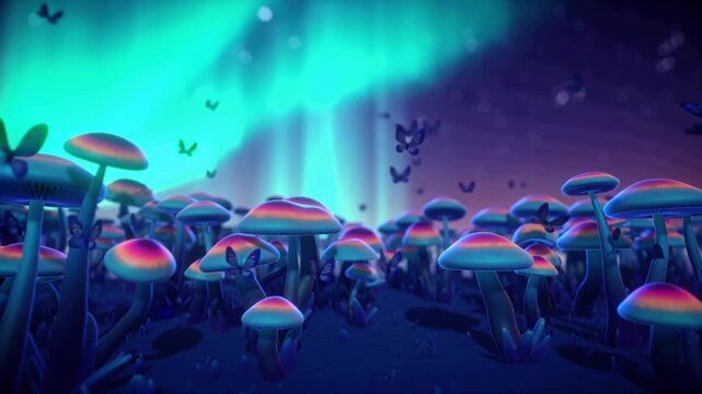 4K cinematic video, surreal glowing mushroom field mist, bioluminescent fungi vibrant neon colors, twilight sky violet indigo hues aurora light waves floating glowing spores fireflies, photorealistic