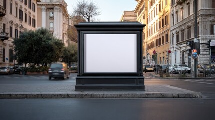 Blank outdoor advertising billboard mockup on a classic urban city street with traffic and historic buildings