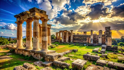 Obraz premium Ancient ruins bathed in sunlight, featuring classical columns and remnants of a historic structure under a vibrant sky