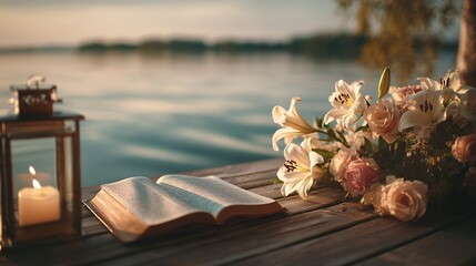 Open Bible with Flowers and Candle by Lake