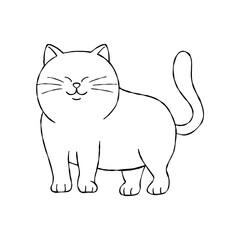 Obraz premium a chubby cat standing and smiling happily with its tail raised. Simple black and white hand-drawn doodle style