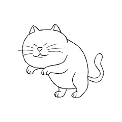 Fototapeta premium Cute line art illustration of a chubby cat standing on its hind legs with raised front paws and a happy smiling face. Simple black and white hand-drawn doodle style