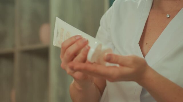 caucasian esthetician white uniform dispensing cream for microcurrent facial massage prep, hands smoothing lotion into palms, spa shelves and soft lighting in background, calm focused expression,