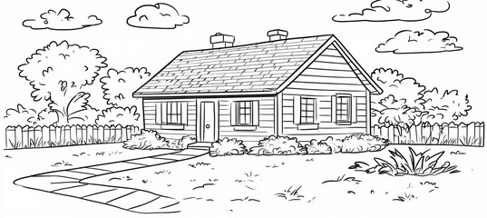 Fototapeta premium Charming black outline cartoon house illustration depicting a cozy family home with a yard.