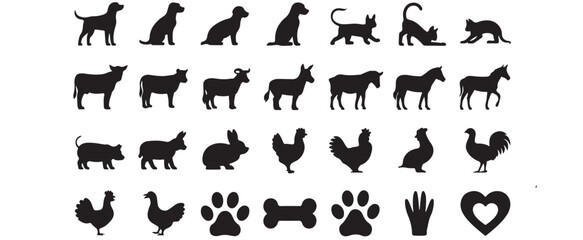 Obraz premium Pet & Farm Animal Silhouette Icon Set – 30 Vector Icons for Pets, Livestock & Farming