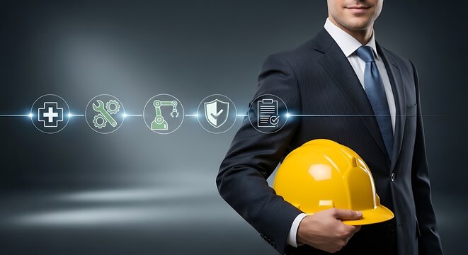 Businessman in suit holding yellow hard hat with industrial icons