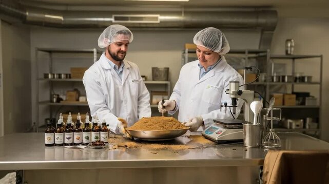 Medium shot showcasing flavored dry snuff production with technicians blending natural extracts carefully to infuse subtle aromas into finely ground tobacco powder.