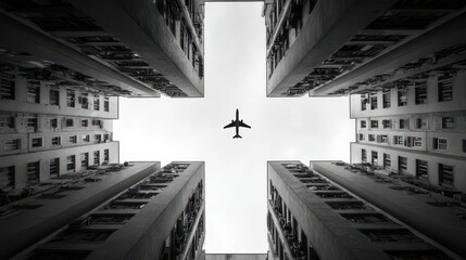 Symmetrical black and white low angle view of an airplane flying through a cross-shaped gap between high-rise residential buildings