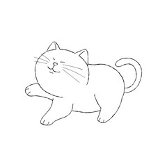 Fototapeta premium Cute cat walking happily with a smiling face. Simple black and white hand-drawn doodle style