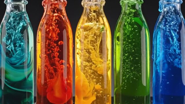 Colorful glass bottles filled with vibrant liquids, creating a visually appealing and refreshing composition.