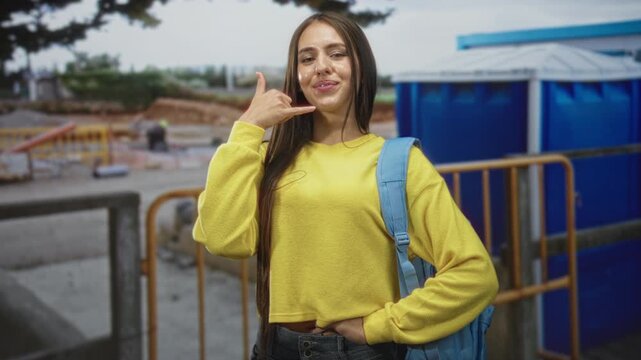 Young woman with backpack makes call me hand gesture on street by construction fence and blue portable toilets, wearing yellow sweater; playful confidence.