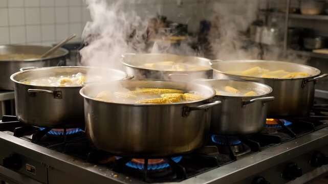 Medium shot of industrialstyle stainless steel kettles simmering corn in an alkaline bath with visible steam and glowing gas burners beneath highlighting authentic culinary