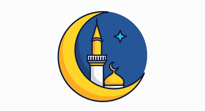 Ramadan crescent moon with mosque minaret and dome under blue sky with star in flat vector illustration style for islamic holiday celebration greeting cards and banner posters