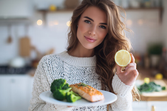 A smiling young woman in a white knitted sweater holds a plate of grilled salmon and broccoli, presenting a slice of lemon. Bright kitchen. Healthy diet, lean protein, nutritious food concept.