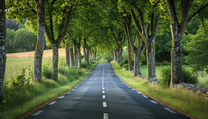 Obraz premium Serene country road lined with lush green trees creates a tranquil escape into nature and invites adventure on a sunny day