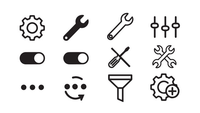 Settings and Tools Icons Collection, Gear, Wrench, Switch, Funnel, Stock Media