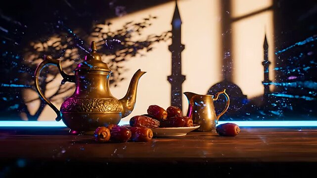Ornate antique brass tea set featuring a traditional patterned teapot and creamer sits beside a small white plate piled high with rich, dark, sweet dates.