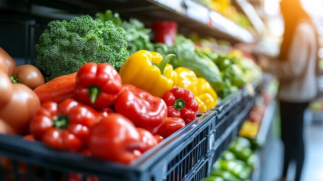 Healthy fresh vegetables like red bell peppers broccoli and yellow peppers neatly arranged for sale in a vibrant grocery store produce section with a customer