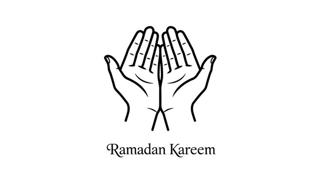 Ramadan kareem typography with line art praying hands, Islamic holy month wishes and celebration vector