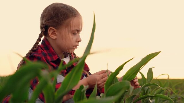 agriculture, child kid daughter farmer girl touches green corn leaves sunset, little child touches corn leaf with hand field, fertile soil, family business happy family, girl touches corn sprout leaf
