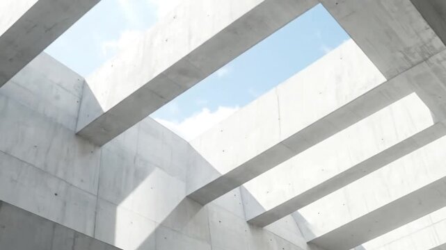 Abstract concrete architecture featuring geometric shapes and natural light from the sky above.