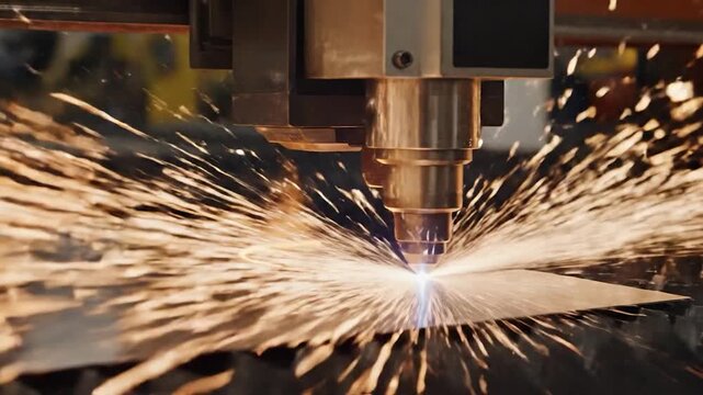 Close-up of a machine cutting metal, blue laser and sparks. Machinery in use, manufacturing