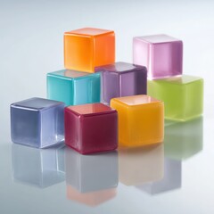 Obraz premium Colorful transparent cubes set on a reflective surface for creative backgrounds and design elements