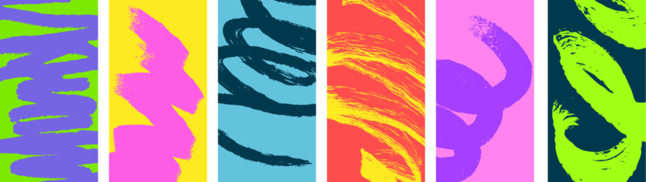 Abstract paint brush background in bright grunge style. Set templates for art banner, poster. Colorful modern vector illustration.