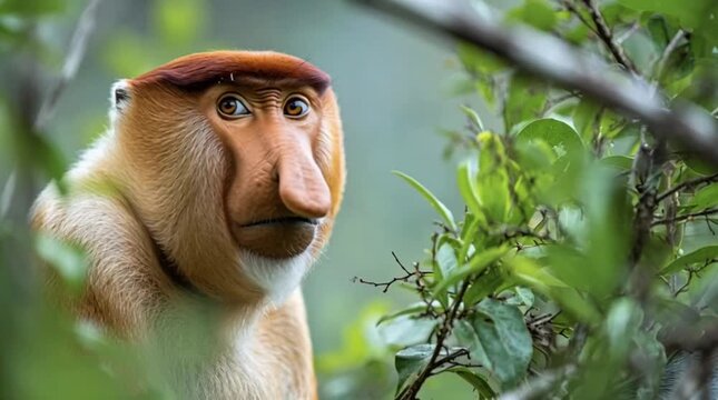 Endangered Proboscis Monkey Feeding in Borneo Rainforest