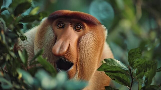 Endangered Proboscis Monkey Feeding in Borneo Rainforest