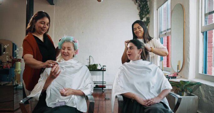 Talking, happy women and small business or hair salon with gossip, customer service or beauty. Help, hairdresser or friends with smile for pamper, appointment or client style makeover with equipment
