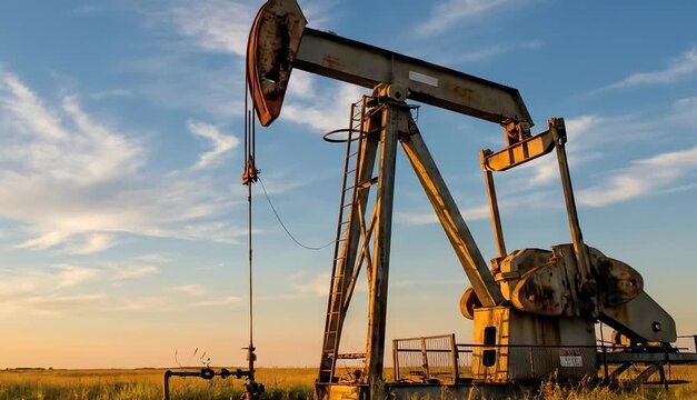 Industrial Oil Pump Jack Working in Grassy Field at Sunset