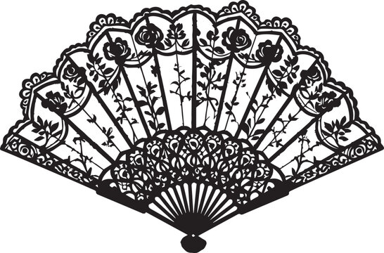 Black Lace Folding Fan Vector Illustration with Elegant Floral Rose Pattern