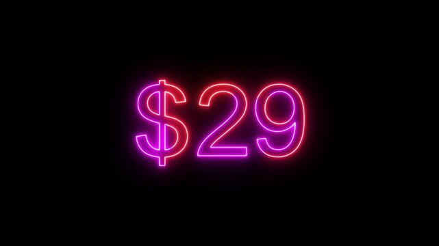 57 dollar counting number animation. Neon counts up dollar animation from 0 to 57 number. on a black background. and creating a stunning 4k video.