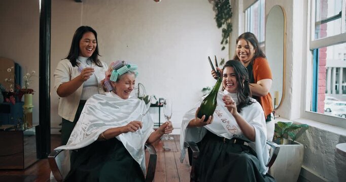 Champagne, happy women and bride in hair salon for applause, glamour and wedding celebration. Excited, hairdresser and senior mother with daughter for event, beauty cosmetics or pamper with drinks