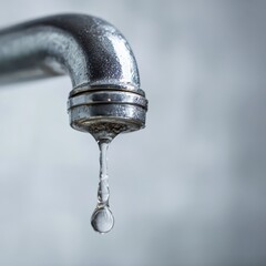 Close up of a silver faucet with water droplet isolated on gray background