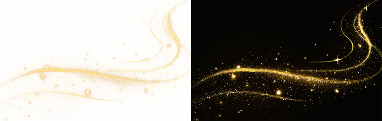 Gold shine wave spark light dust particles background black design texture glow bright elegant luxury magic celebration holiday flickering beam radiant sparkling overlay effect for background © Alehandro