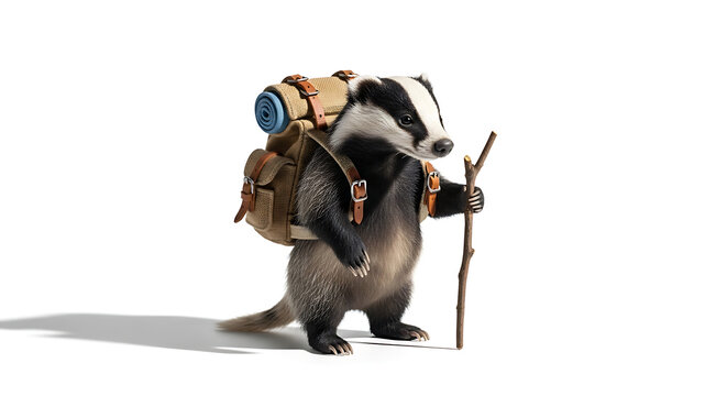 Badger Hiker with Backpack and Stick.