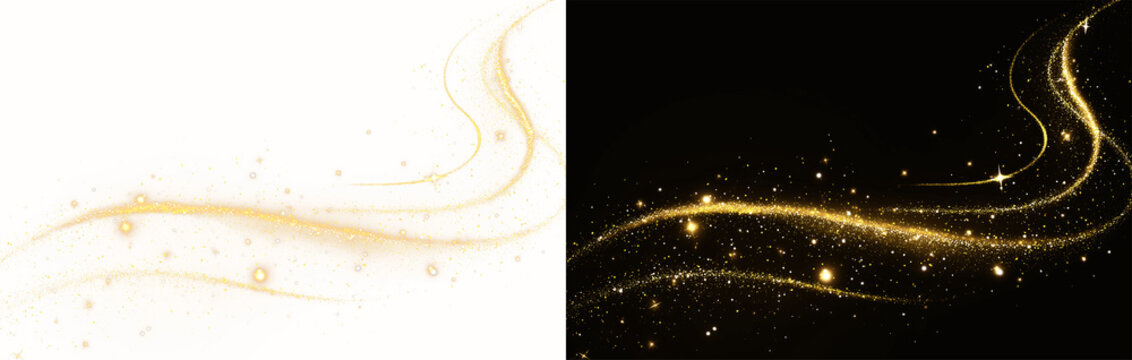 Gold shine wave spark light dust particles background black design texture glow bright elegant luxury magic celebration holiday flickering beam radiant sparkling overlay effect for background